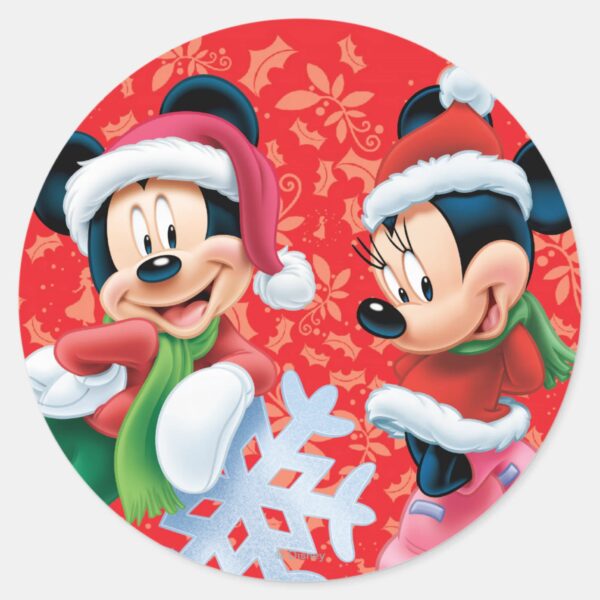 Mickey_&_Minnie_With_Snowflake_Classic_Round_Sticker_1 Mickey Minnie With Snowflake Classic Round Sticker