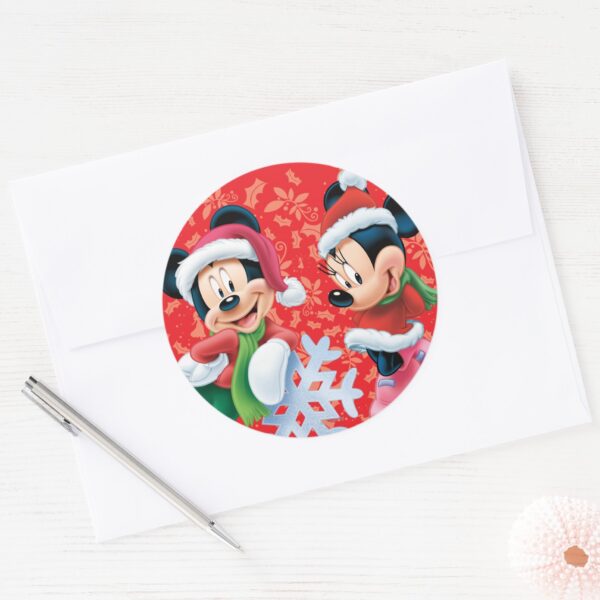 Mickey_&_Minnie_With_Snowflake_Classic_Round_Sticker_3 Mickey Minnie With Snowflake Classic Round Sticker