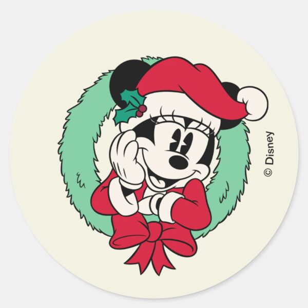 Minnie_Mouse___Cute_Holiday_Wreath_Classic_Round_Sticker_1 Minnie Mouse Cute Holiday Wreath Classic Round Sticker