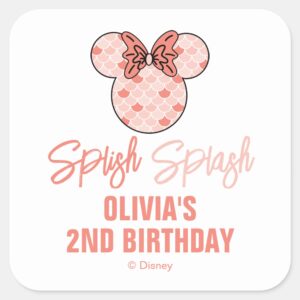 Minnie Mouse Pink Mermaid Birthday Square Sticker