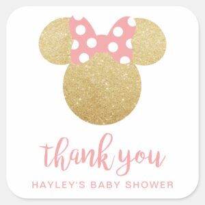 Minnie Pink Gold Glitter Thank You Square Sticker