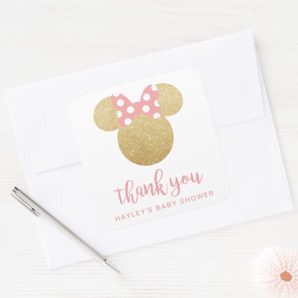 Minnie_Pink_&_Gold_Glitter_Thank_You_Square_Sticker_4 Minnie Pink Gold Glitter Thank You Square Sticker