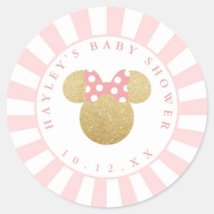 Minnie Pink Striped Gold Glitter Baby Shower Classic Round Sticker