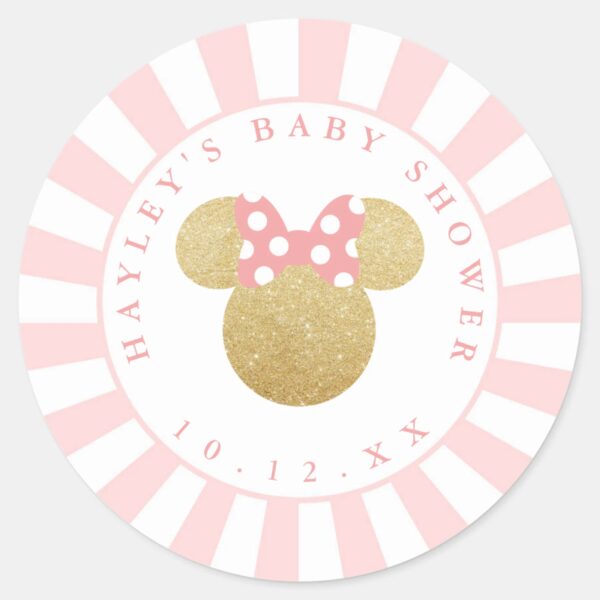 Minnie___Pink_Striped_Gold_Glitter_Baby_Shower_Classic_Round_Sticker_2 Minnie Pink Striped Gold Glitter Baby Shower Classic Round Sticker