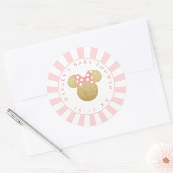 Minnie___Pink_Striped_Gold_Glitter_Baby_Shower_Classic_Round_Sticker_4 Minnie Pink Striped Gold Glitter Baby Shower Classic Round Sticker