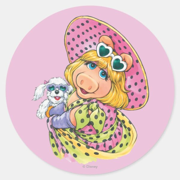 Miss_Piggy_Holding_Puppy_Classic_Round_Sticker_1 Miss Piggy Holding Puppy Classic Round Sticker