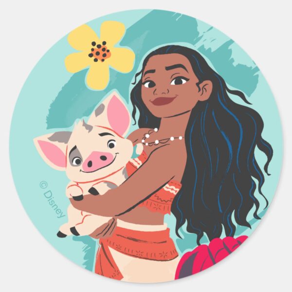 Moana_Holding_Pua_Illustrated_Graphic_Classic_Round_Sticker_1 Moana Holding Pua Illustrated Graphic Classic Round Sticker