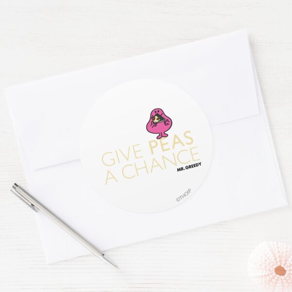 Mr._Greedy___Give_Peas_A_Chance_Classic_Round_Sticker_3 Mr. Greedy Give Peas A Chance Classic Round Sticker