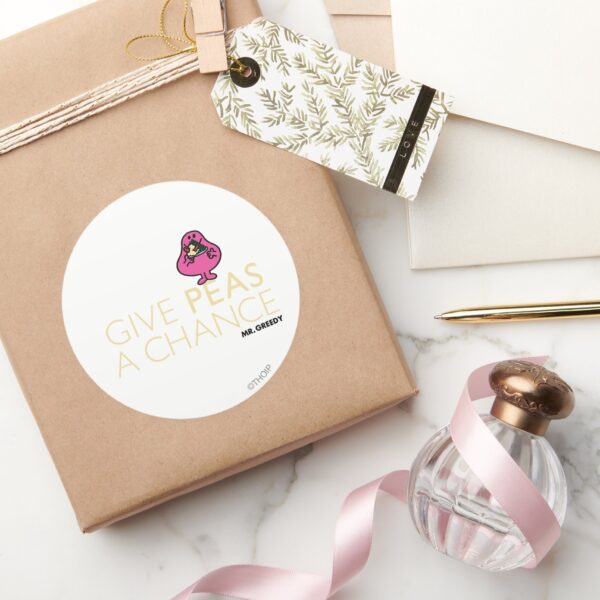 Mr._Greedy___Give_Peas_A_Chance_Classic_Round_Sticker_5 Mr. Greedy Give Peas A Chance Classic Round Sticker