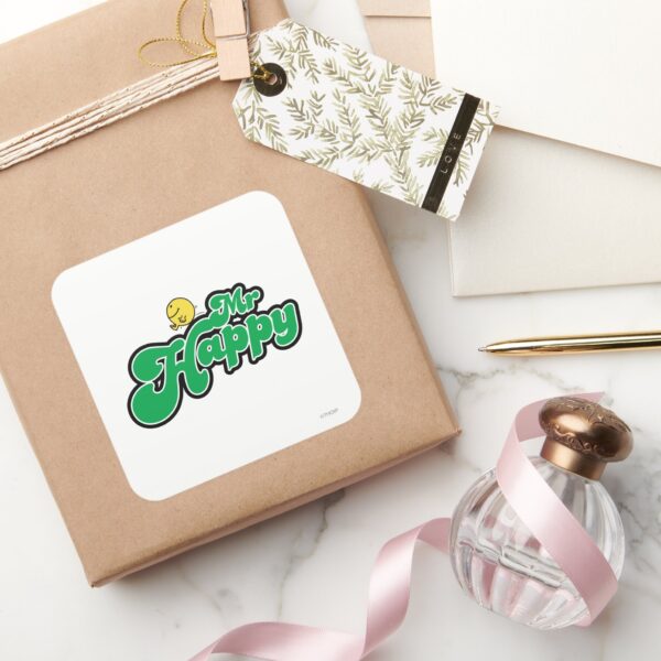 Mr._Happy_Sliding_Down_Green_Lettering_Square_Sticker_5 Mr. Happy Sliding Down Green Lettering Square Sticker