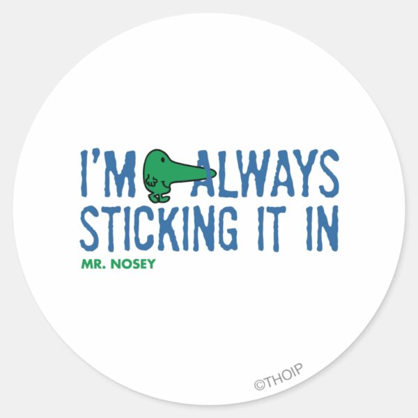 Mr._Nosey_Nosing_Around___Blue_Lettering_Classic_Round_Sticker_1 Mr. Nosey Nosing Around Blue Lettering Classic Round Sticker
