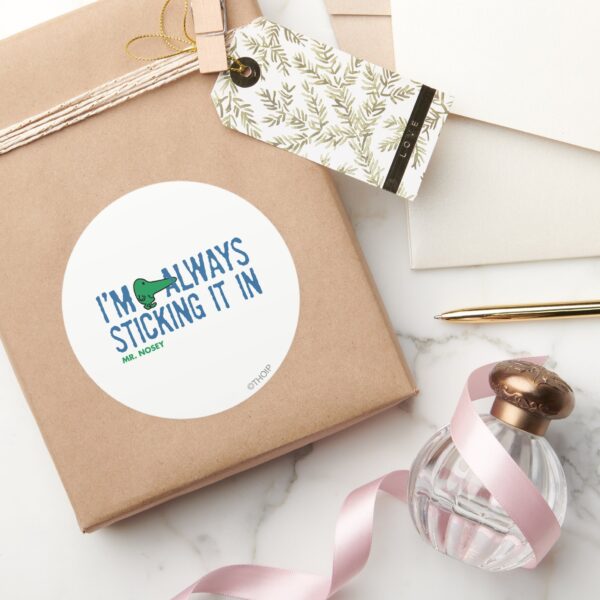 Mr._Nosey_Nosing_Around___Blue_Lettering_Classic_Round_Sticker_5 Mr. Nosey Nosing Around Blue Lettering Classic Round Sticker