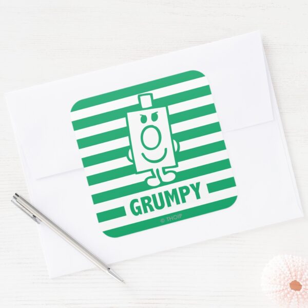 Mr_Grumpy___Mischievous_Grin_and_Green_Stripes_Square_Sticker_3 Mr Grumpy Mischievous Grin And Green Stripes Square Sticker