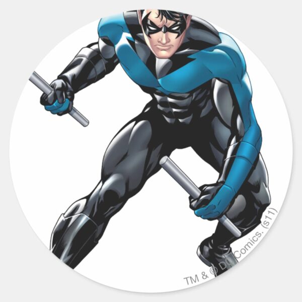 Nightwing_with_Weapons_Classic_Round_Sticker_1 Nightwing With Weapons Classic Round Sticker