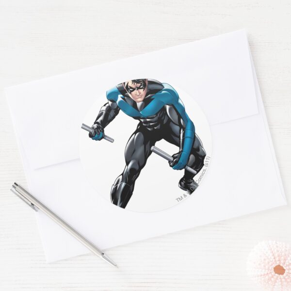 Nightwing_with_Weapons_Classic_Round_Sticker_3 Nightwing With Weapons Classic Round Sticker