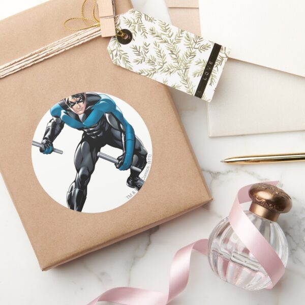 Nightwing_with_Weapons_Classic_Round_Sticker_5 Nightwing With Weapons Classic Round Sticker