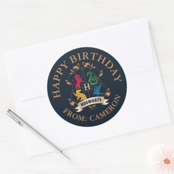 Ornate_HOGWARTS™_House_Crest___Happy_Birthday_Classic_Round_Sticker_3 Ornate HOGWARTS™ House Crest Happy Birthday Classic Round Sticker