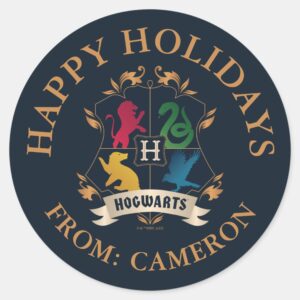 Ornate_HOGWARTS™_House_Crest___Happy_Holidays_Classic_Round_Sticker_1 Ornate HOGWARTS™ House Crest Happy Holidays Classic Round Sticker