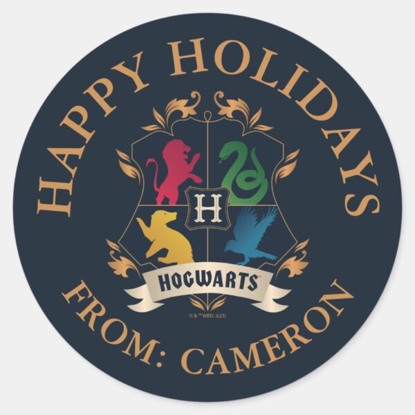 Ornate_HOGWARTS™_House_Crest___Happy_Holidays_Classic_Round_Sticker_1 Ornate HOGWARTS™ House Crest Happy Holidays Classic Round Sticker