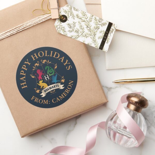 Ornate_HOGWARTS™_House_Crest___Happy_Holidays_Classic_Round_Sticker_5 Ornate HOGWARTS™ House Crest Happy Holidays Classic Round Sticker