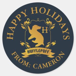 Ornate_HUFFLEPUFF™_House_Crest___Happy_Holidays_Classic_Round_Sticker_1 Ornate HUFFLEPUFF™ House Crest Happy Holidays Classic Round Sticker