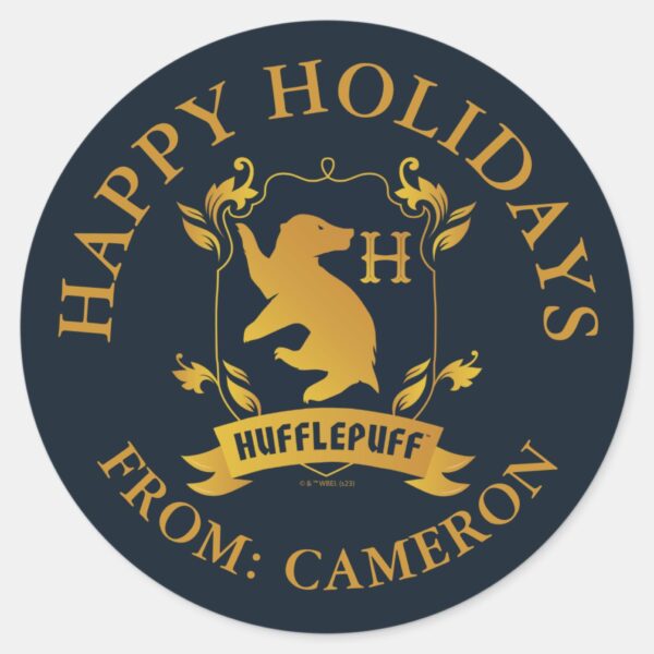 Ornate_HUFFLEPUFF™_House_Crest___Happy_Holidays_Classic_Round_Sticker_1 Ornate HUFFLEPUFF™ House Crest Happy Holidays Classic Round Sticker