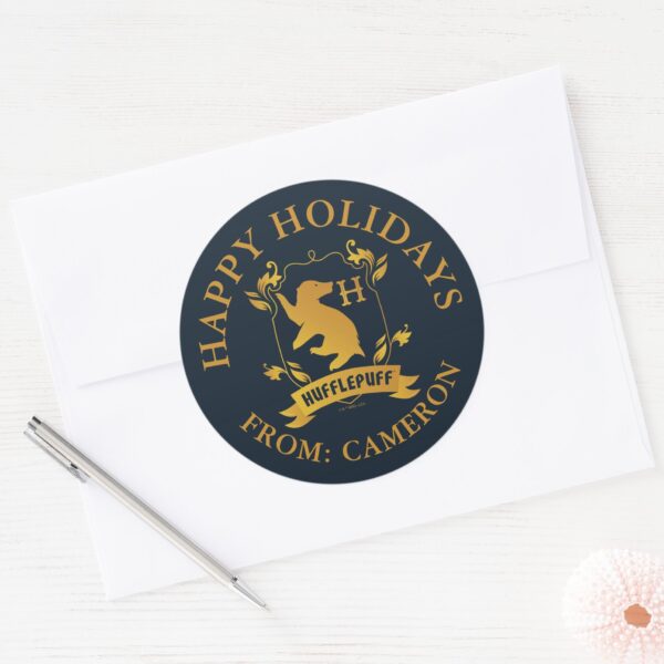 Ornate_HUFFLEPUFF™_House_Crest___Happy_Holidays_Classic_Round_Sticker_3 Ornate HUFFLEPUFF™ House Crest Happy Holidays Classic Round Sticker