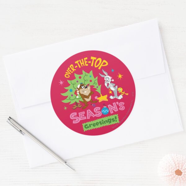 Over_The_Top_Season's_Greetings_Classic_Round_Sticker_3 Over The Top Seasons Greetings Classic Round Sticker