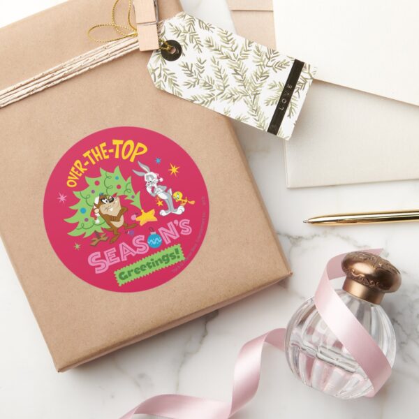 Over_The_Top_Season's_Greetings_Classic_Round_Sticker_5 Over The Top Seasons Greetings Classic Round Sticker