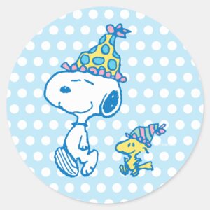 PEANUTS___Snoopy_&_Woodstock_Party_Polka_Dots_Classic_Round_Sticker_1 PEANUTS Snoopy Woodstock Party Polka Dots Classic Round Sticker