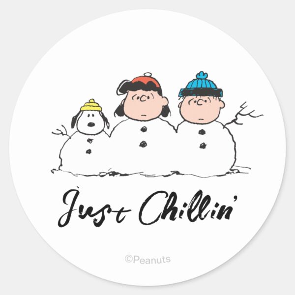 Peanuts___3_Person_Snowman_Classic_Round_Sticker_1 Peanuts 3 Person Snowman Classic Round Sticker