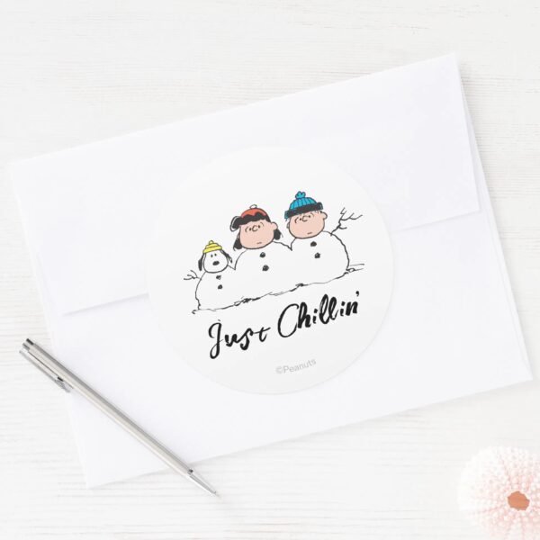 Peanuts___3_Person_Snowman_Classic_Round_Sticker_3 Peanuts 3 Person Snowman Classic Round Sticker