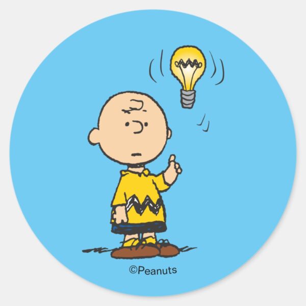Peanuts___Charlie_Brown's_Light_Bulb_Idea_Classic_Round_Sticker_1 Peanuts Charlie Browns Light Bulb Idea Classic Round Sticker