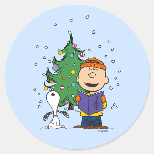 Peanuts___Christmas_Caroling_Classic_Round_Sticker_1 Peanuts Christmas Caroling Classic Round Sticker