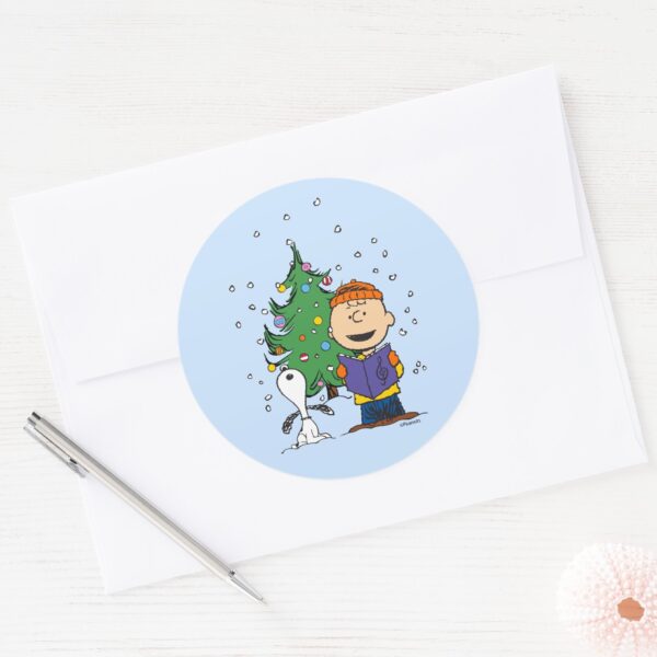 Peanuts___Christmas_Caroling_Classic_Round_Sticker_3 Peanuts Christmas Caroling Classic Round Sticker