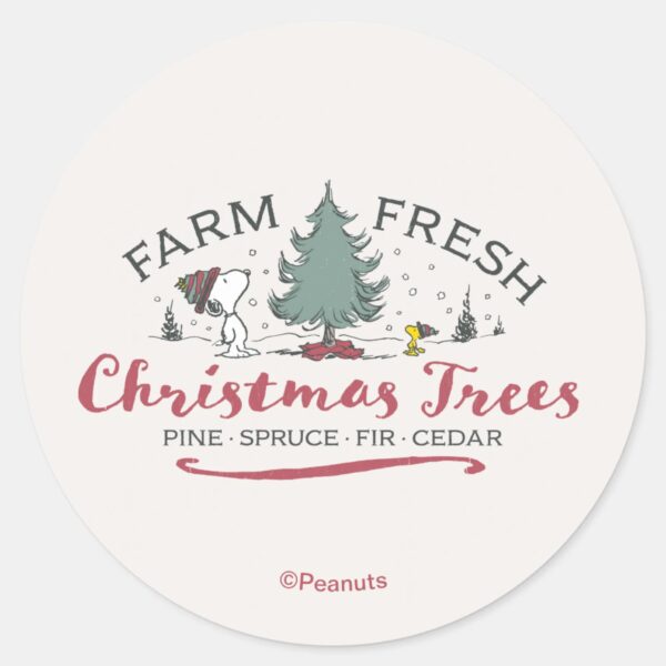Peanuts___Farm_Fresh_Christmas_Trees_Classic_Round_Sticker_1 Peanuts Farm Fresh Christmas Trees Classic Round Sticker