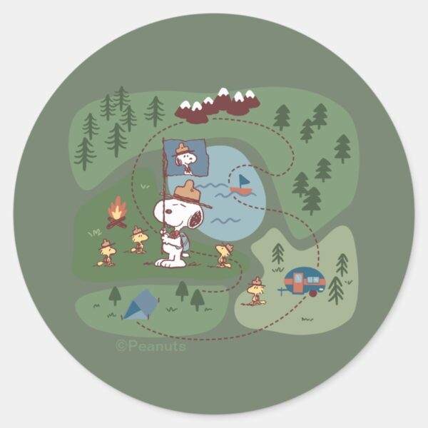 Peanuts___Nestled_in_the_Mountains_Campsite_Classic_Round_Sticker_1 Peanuts Nestled In The Mountains Campsite Classic Round Sticker
