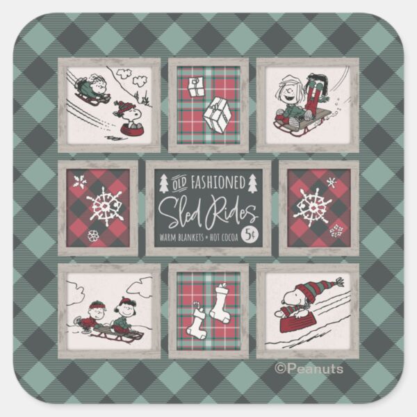 Peanuts___Old_Fashioned_Sleigh_Rides_Pattern_Square_Sticker_1 Peanuts Old Fashioned Sleigh Rides Pattern Square Sticker