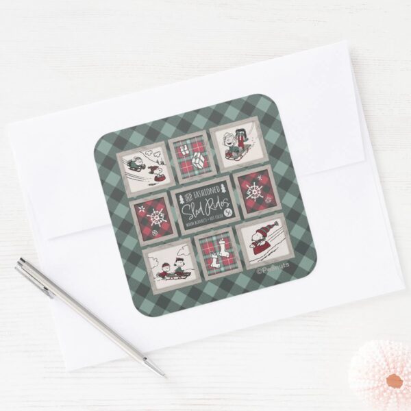 Peanuts___Old_Fashioned_Sleigh_Rides_Pattern_Square_Sticker_3 Peanuts Old Fashioned Sleigh Rides Pattern Square Sticker