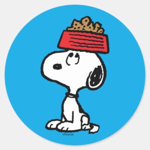 Peanuts___Snoopy_Balancing_His_Dog_Dish_Classic_Round_Sticker_1 Peanuts Snoopy Balancing His Dog Dish Classic Round Sticker