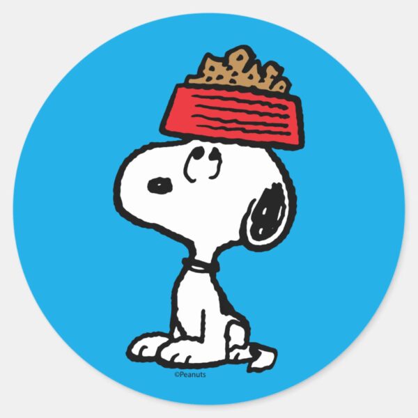 Peanuts___Snoopy_Balancing_His_Dog_Dish_Classic_Round_Sticker_1 Peanuts Snoopy Balancing His Dog Dish Classic Round Sticker