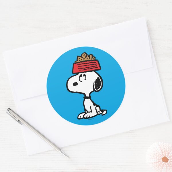 Peanuts___Snoopy_Balancing_His_Dog_Dish_Classic_Round_Sticker_3 Peanuts Snoopy Balancing His Dog Dish Classic Round Sticker