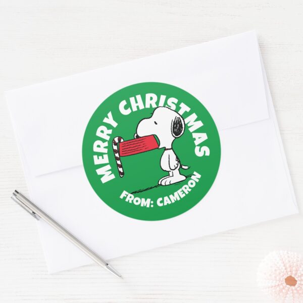 Peanuts___Snoopy_Candy_Cane_Food_Dish_Classic_Round_Sticker_3 Peanuts Snoopy Candy Cane Food Dish Classic Round Sticker