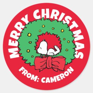 Peanuts Snoopy Christmas Wreath Classic Round Sticker 1
