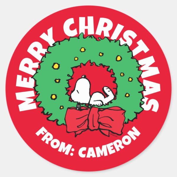 Peanuts___Snoopy_Christmas_Wreath_Classic_Round_Sticker_1 Peanuts Snoopy Christmas Wreath Classic Round Sticker 1