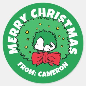 Peanuts___Snoopy_Christmas_Wreath_Classic_Round_Sticker_1 Peanuts Snoopy Christmas Wreath Classic Round Sticker