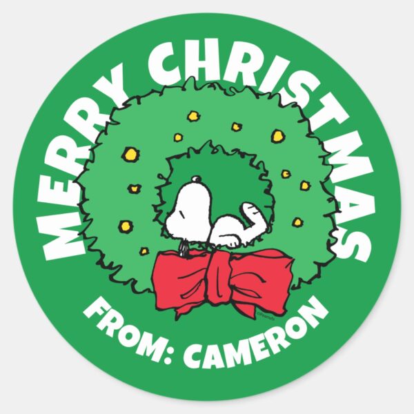 Peanuts___Snoopy_Christmas_Wreath_Classic_Round_Sticker_1 Peanuts Snoopy Christmas Wreath Classic Round Sticker