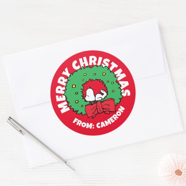 Peanuts___Snoopy_Christmas_Wreath_Classic_Round_Sticker_3 Peanuts Snoopy Christmas Wreath Classic Round Sticker 3