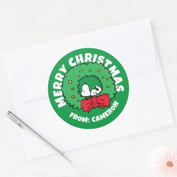 Peanuts___Snoopy_Christmas_Wreath_Classic_Round_Sticker_3 Peanuts Snoopy Christmas Wreath Classic Round Sticker