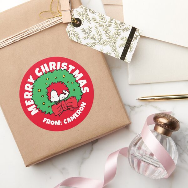 Peanuts___Snoopy_Christmas_Wreath_Classic_Round_Sticker_5 Peanuts Snoopy Christmas Wreath Classic Round Sticker 5